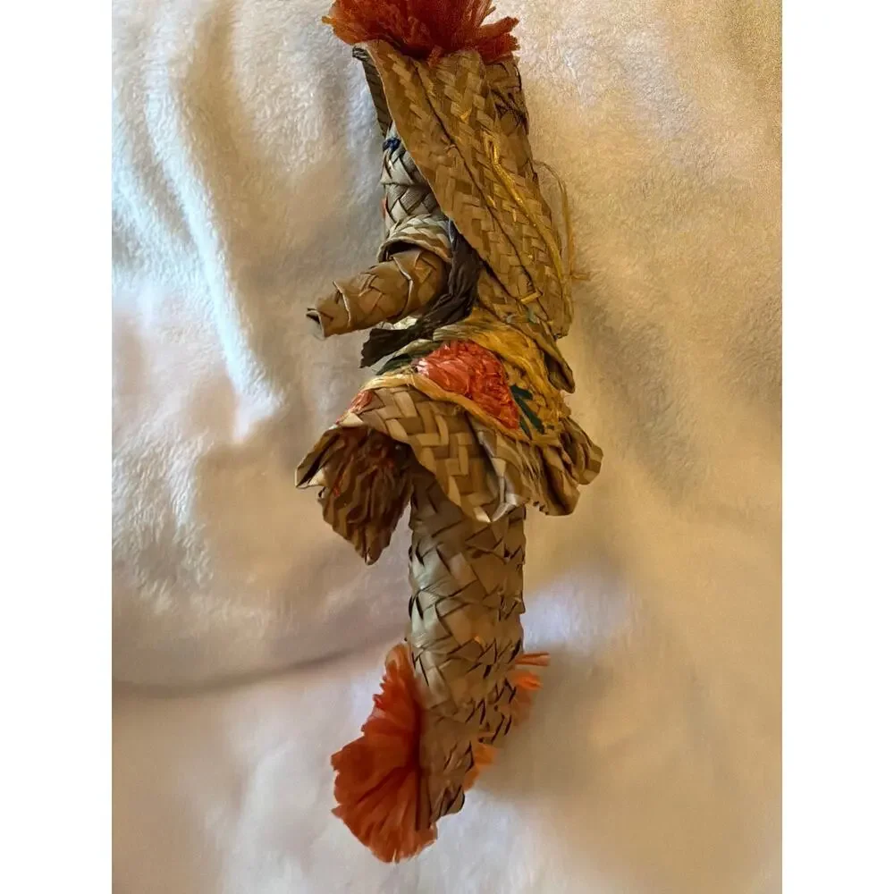Vintage Handwove Straw Girl Doll Folk Art Raffia Woven Figure Floral Skirt Decor
